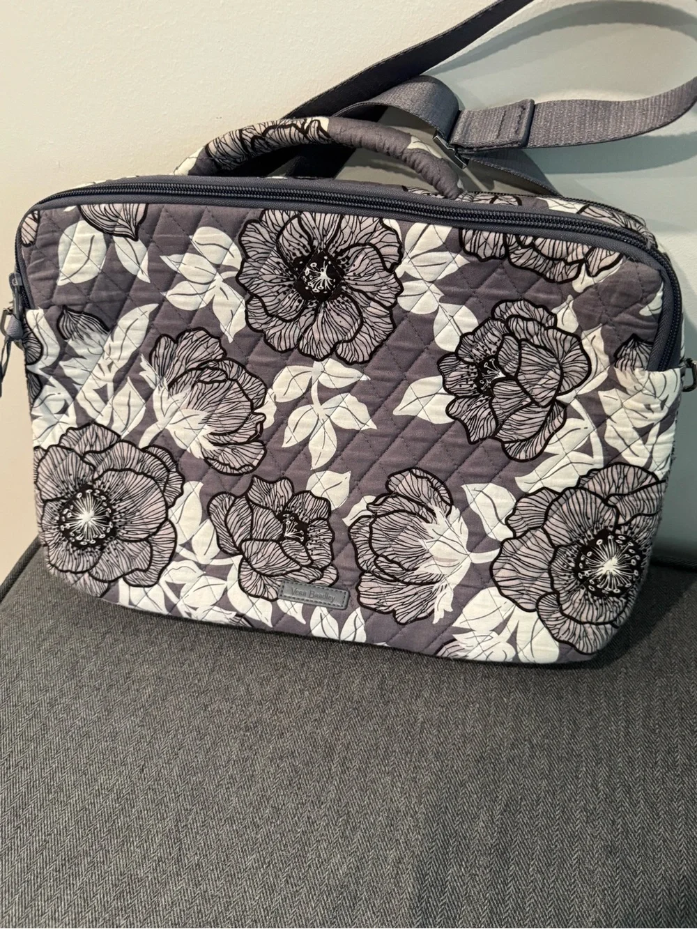Quilted Floral Laptop Bag in Gray and White